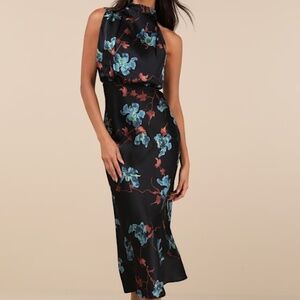 Lulus Distinctive Charm Black Floral Satin Asymmetrical Midi Dress - Size M